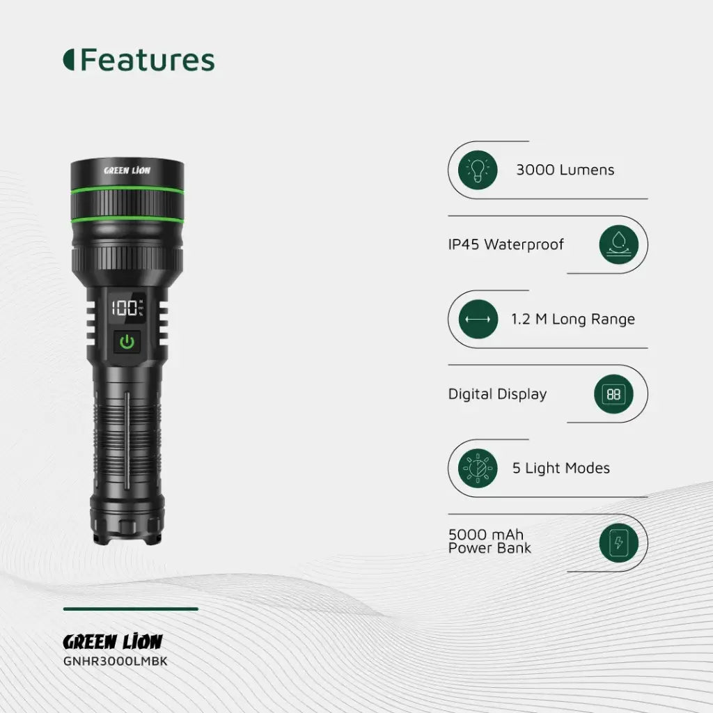 Green Lion Hyper Ray Pro 3000LM Black - مصباح كشاف 3000 لومن من كرين اسود