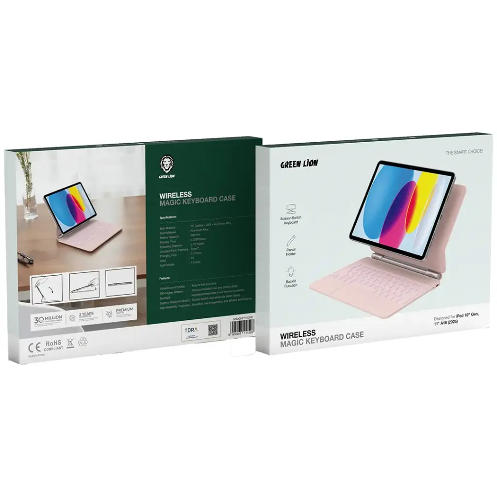 Green Lion Wireless Magic Keyboard Case Pink - كفر كيبورد لاسلكي سحري للايباد الجيل العاشر اي 16 (2025) وردي