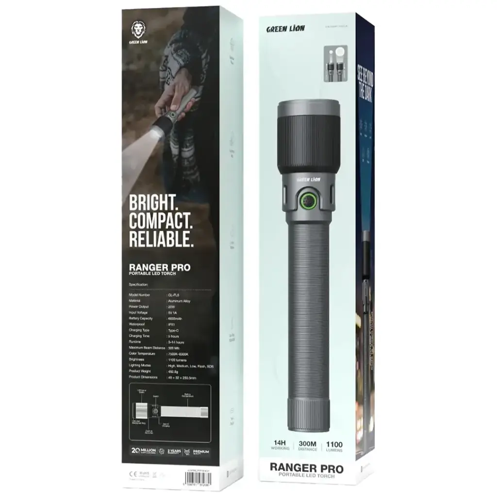 Green lion Ranger Pro Portable LED Torch 6000 mAh Gray - مصباح محمول فلاش لايت 6000 ملي امبير من كرين رمادي