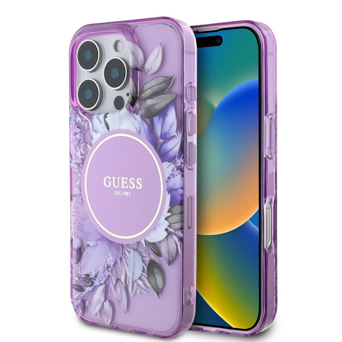 Guess Magsafe IML Transparent Hard case With Flower Design & Tonal Circle Logo Fo 16 PRO - كفر ماك سيف للايفون 16 برو من جيسس