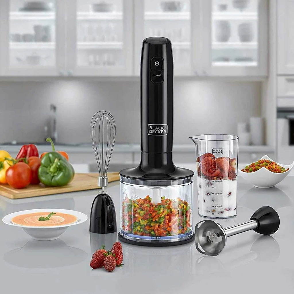 Black&Decker HB600-B5 Hand blender 3IN1 600W black - خلاط يدوي 600 واط مع وعاء تقطيع وشفرات فولاذية 3 في 1 من بلاك اند ديكر