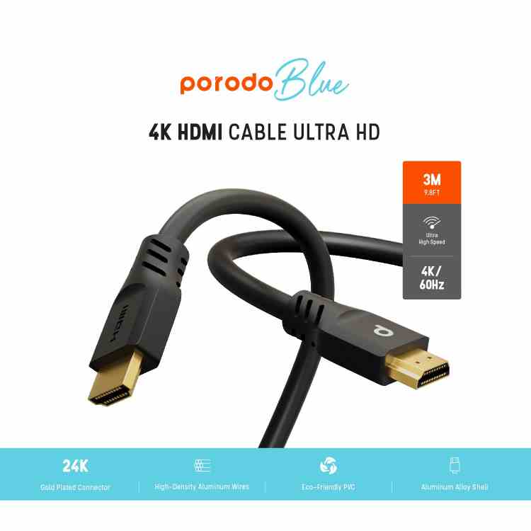 Porodo Blue 4K HDMI Ultra HD Cable 60Hz 3m / 9.8ft Black - كيبل اج دي تو اج دي 3 متر من بورودو