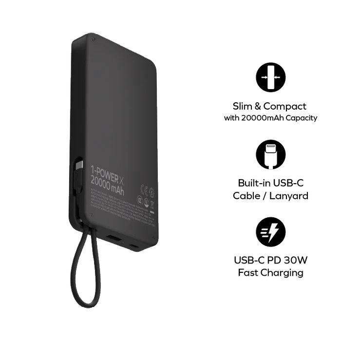 Momax Power X1 Battery Pack 20000mAh with Built-in USB-C Cable Black - باوربنك 20000 ملي امبير 30 واط مع كيبل تايب سي مدمج من موماكس اسود