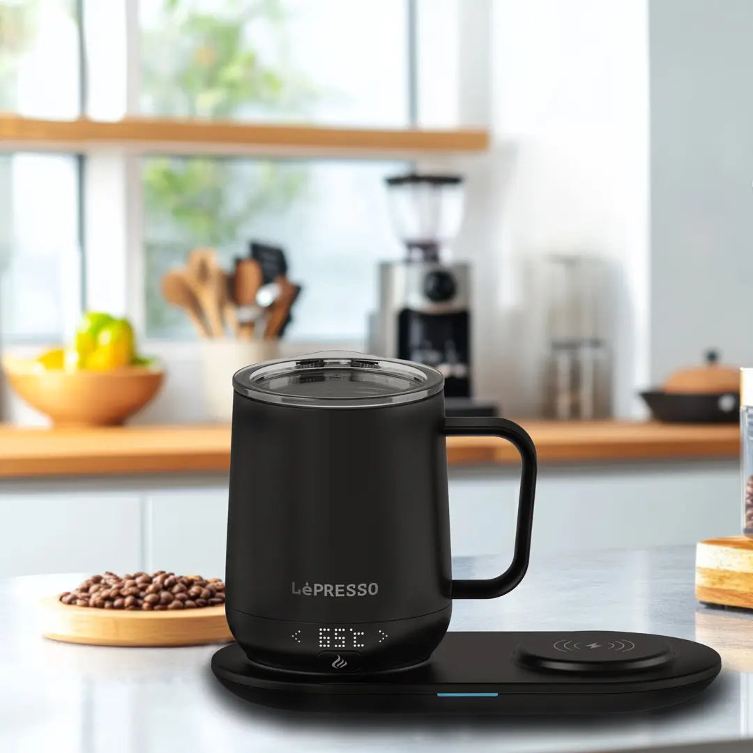 LePresso Heated Mug 12oz with Wireless Charging Pad Black - كوب تسخين ذكي سعة 355 مل مع لوحة شحن لاسلكية من ليبريسو اسود