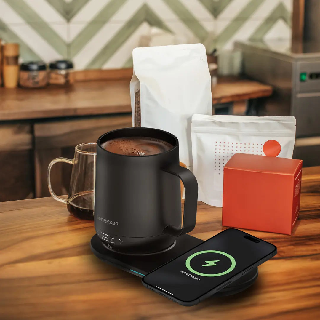 LePresso Heated Mug 12oz with Wireless Charging Pad Black - كوب تسخين ذكي سعة 355 مل مع لوحة شحن لاسلكية من ليبريسو اسود