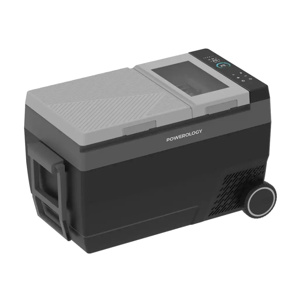 Powerology 120W Portable Car Refrigerator with Ice Maker and Wheels Black - ثلاجة سيارة محمولة 120 واط مع صانعة ثلج وعجلات من باورولوجي اسود