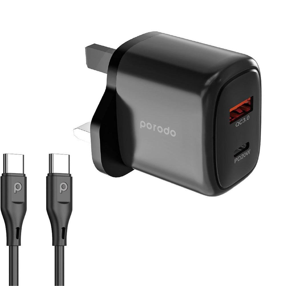 Porodo 20W+QC USB A+C Charger UK with C-C 1.2M Cable - شاحن 20 واط مع كيبل تايب سي تايب سي من بورودو