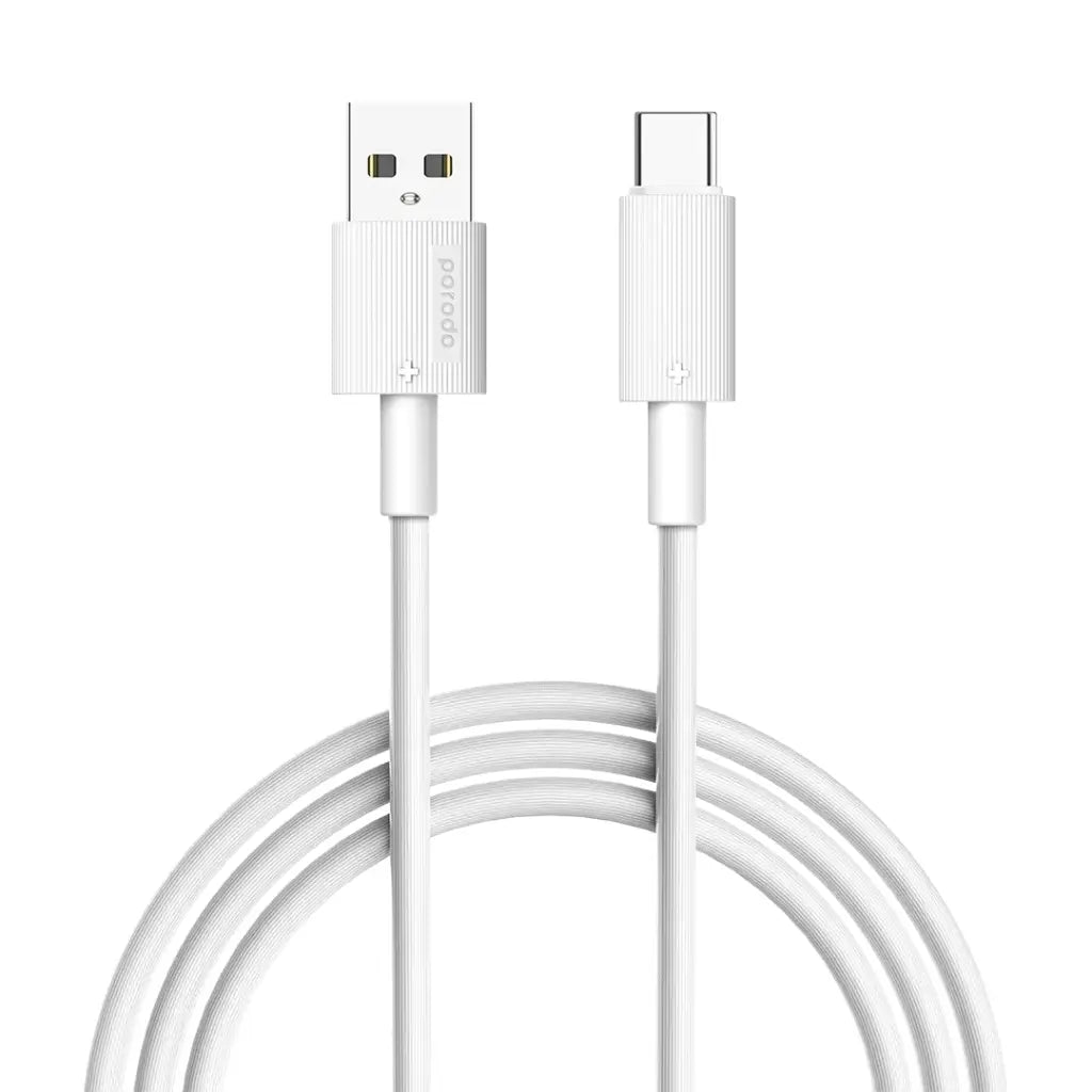 Porodo USB A to C PVC Cable 3m White - كيبل يو اس بي تايب سي 3 متر من بورودو ابيض
