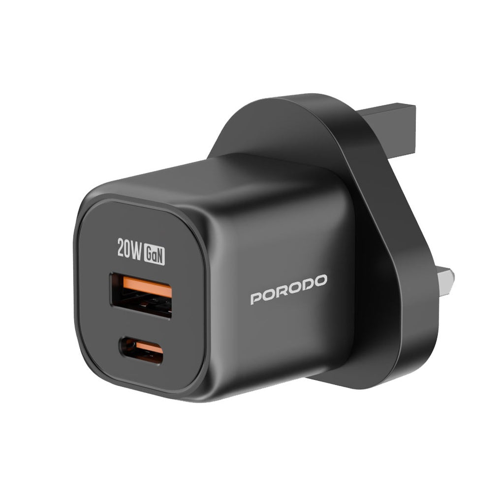 Porodo PD 20W USB QC3.0 UK Fast Charger with C to C Cable Black - شاحن 20 واط مع كيبل تايب سي تايب سي من بورودو