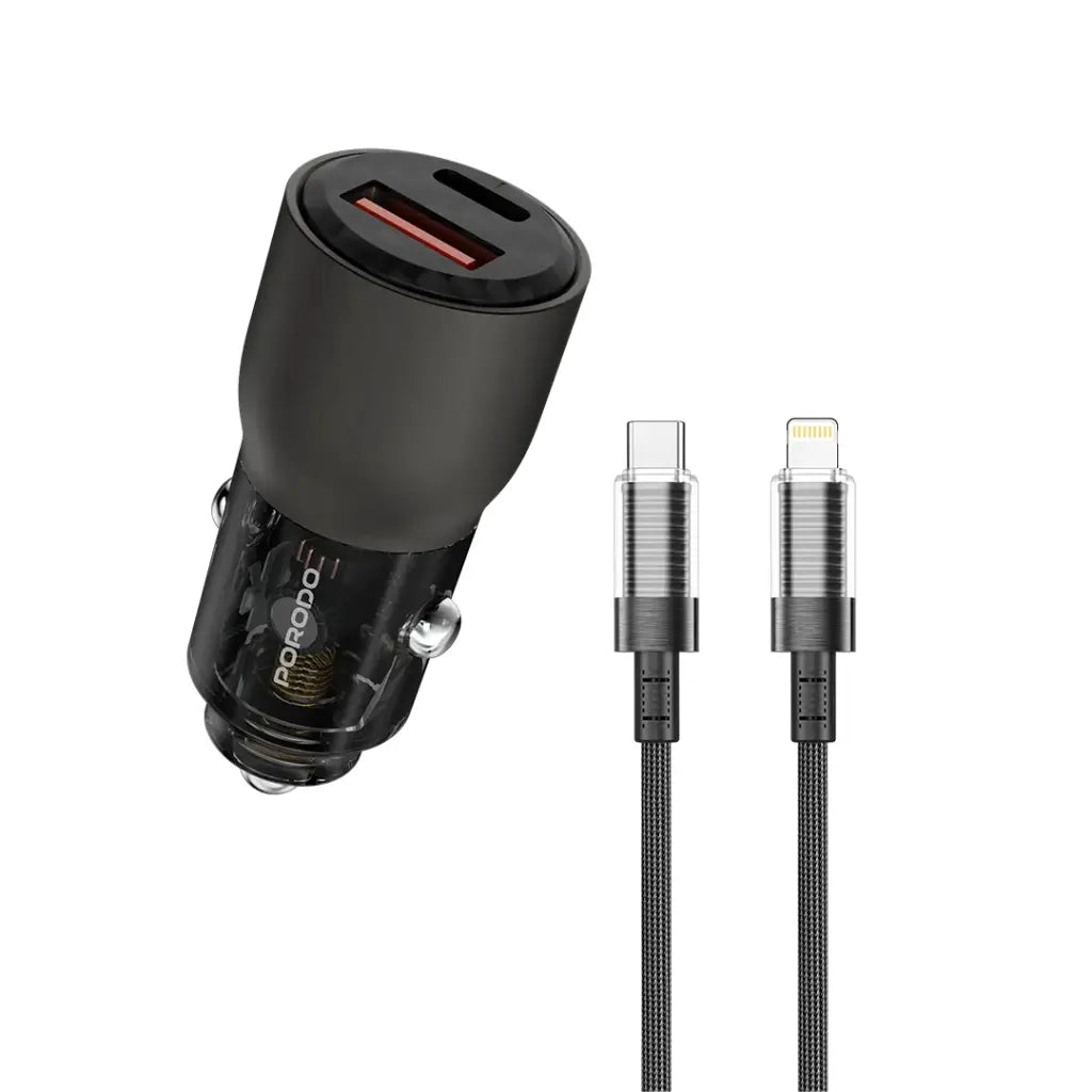 Porodo 96W Transparent USB-A+C Port Car Charger with C to L .9m Cable Grey - شاحن سيارة 96 واط مع كيبل تايب سي ايفون بطول 90 سم من بورودو رمادي