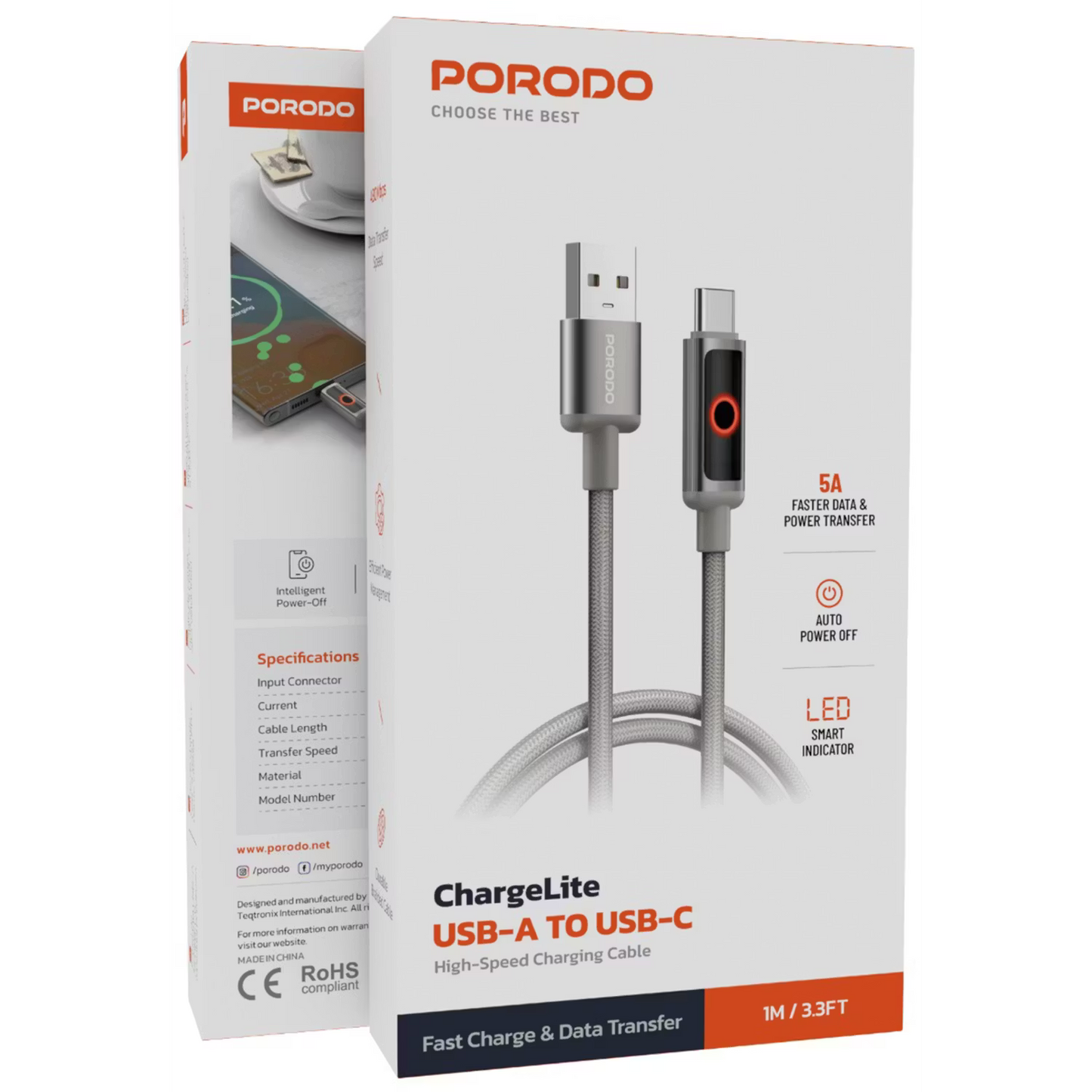Porodo ChargeLite USB-A To USB-C High-Speed Charging Cable Grey - كيبل يو اس بي تايب سي عالي السرعة من بورودو رمادي