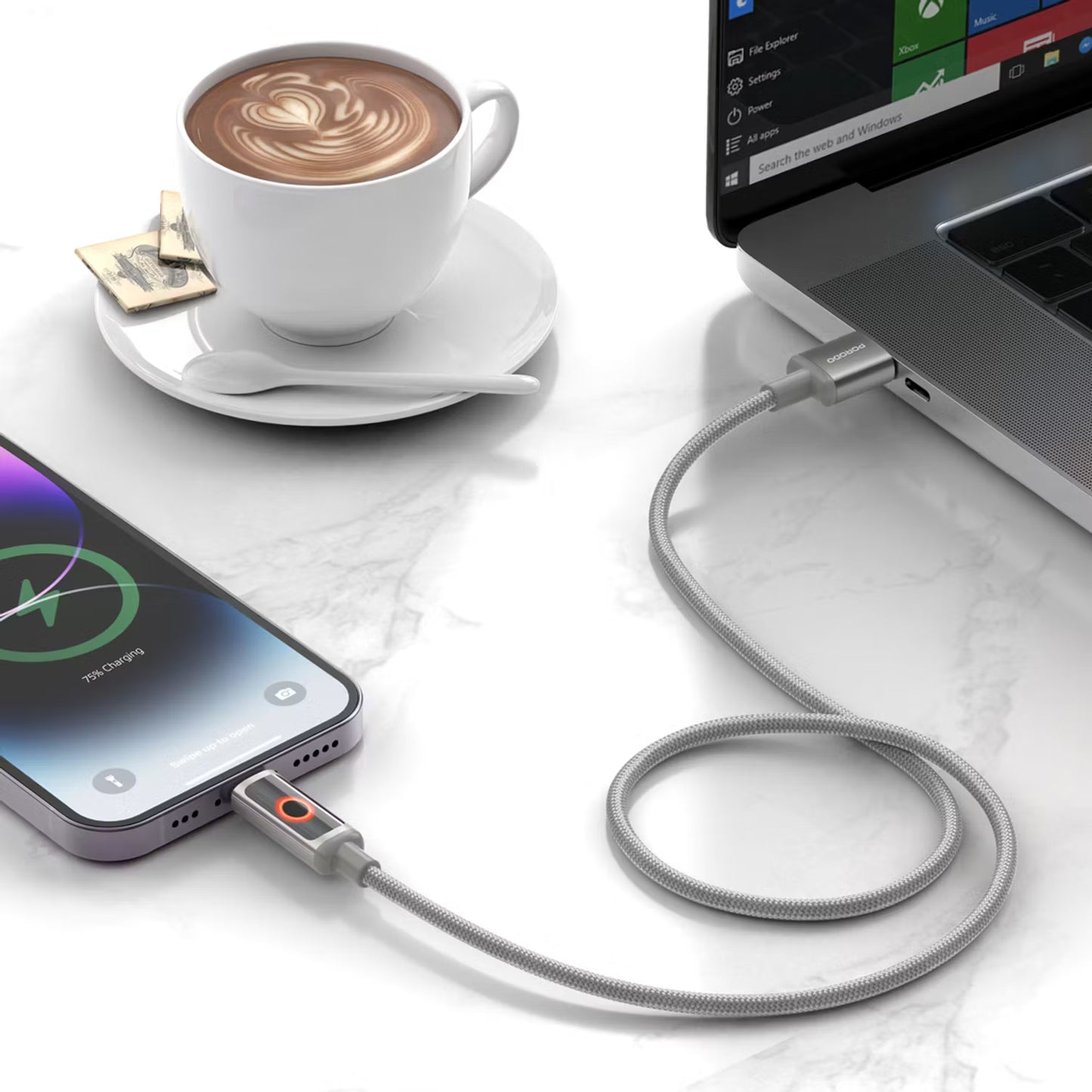 Porodo ChargeLite USB-A To Lightning High-Speed Charging Cable Grey - كيبل يو اس بي ايفون من بورودو رمادي