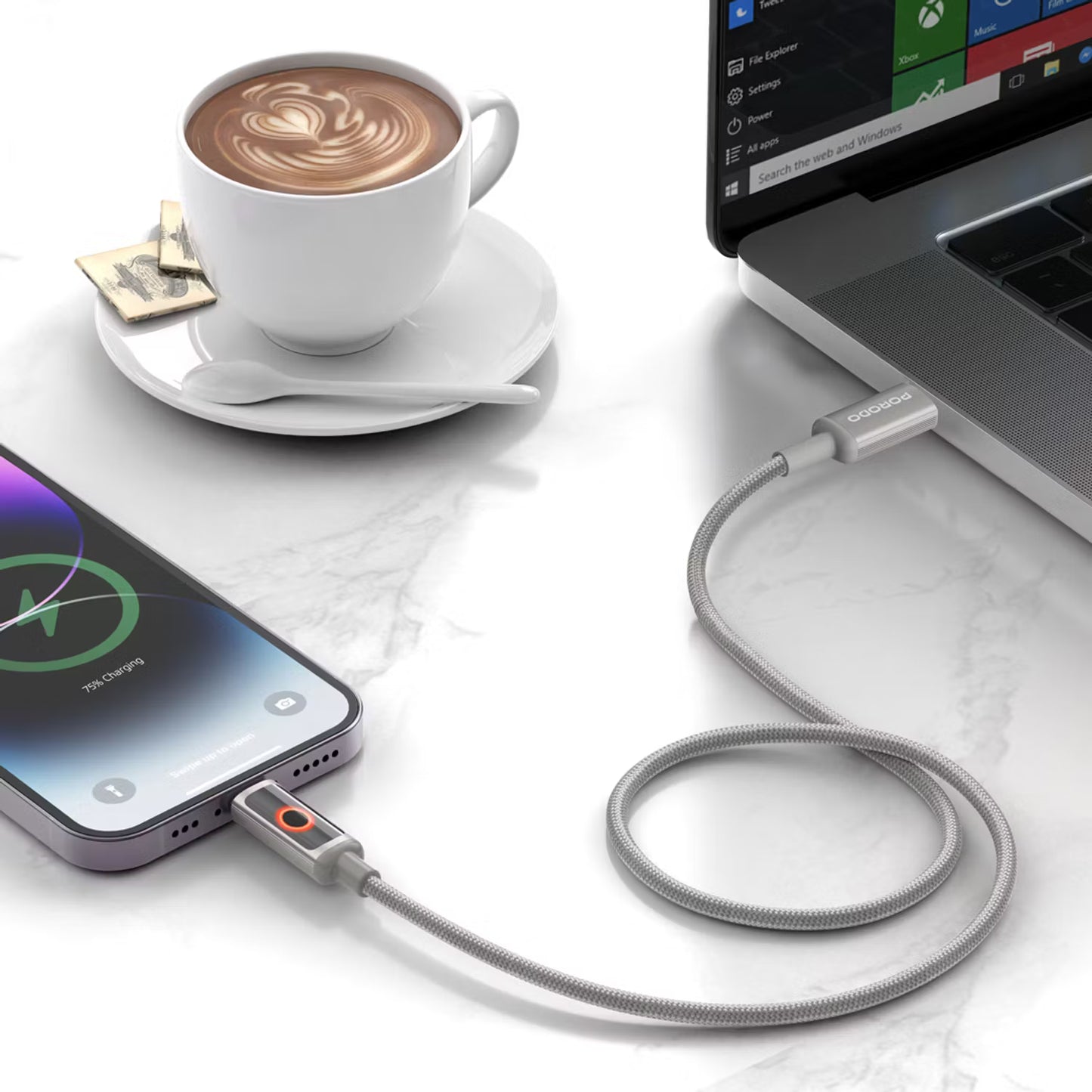 Porodo ChargeLite USB-C To Lightning High-Speed Charging Cable Grey - كيبل تايب سي ايفون 30 واط من بورودو