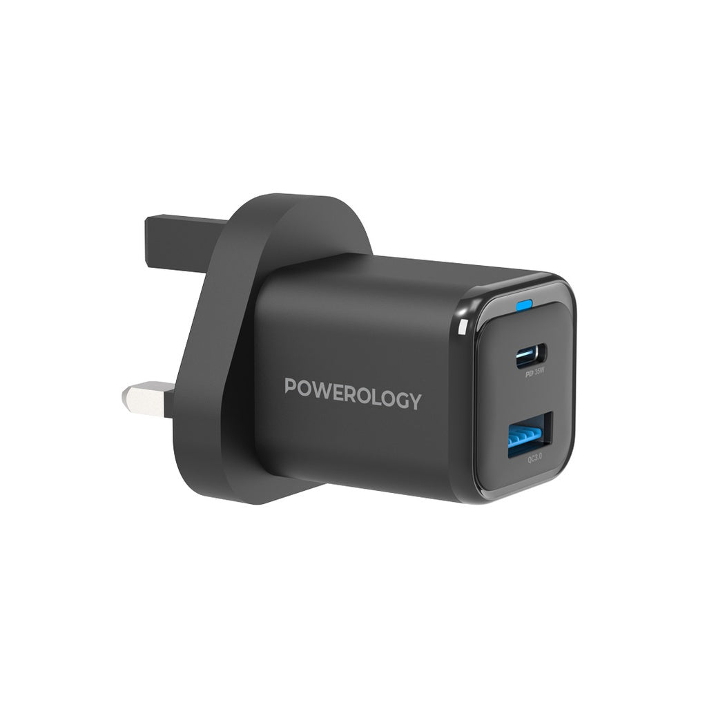 Powerology 35W PD QC 1xUSB-C 35W and 1xUSB-A 18W GaN Charger UK with USB-C TO Lightning Cable Black - شاحن تايب سي 35 واط مع كيبل تايب سي ايفون من باورولوجي اسود