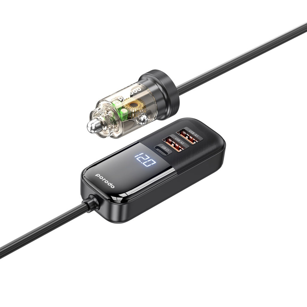 Porodo 120W Transparent Multi Port Car Charger with Rear Expansion Black - شاحن سيارة 120 واط من بورودو اسود