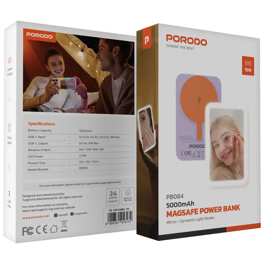 Porodo Magsafe Power Bank 5000mAh Mirror + Dynamic Light Modes Purple - باوربنك لاسلكي 5000 ملي امبير مع ماك سيف ومرايا واضاءات ديناميكية من بورودو بنفسجي
