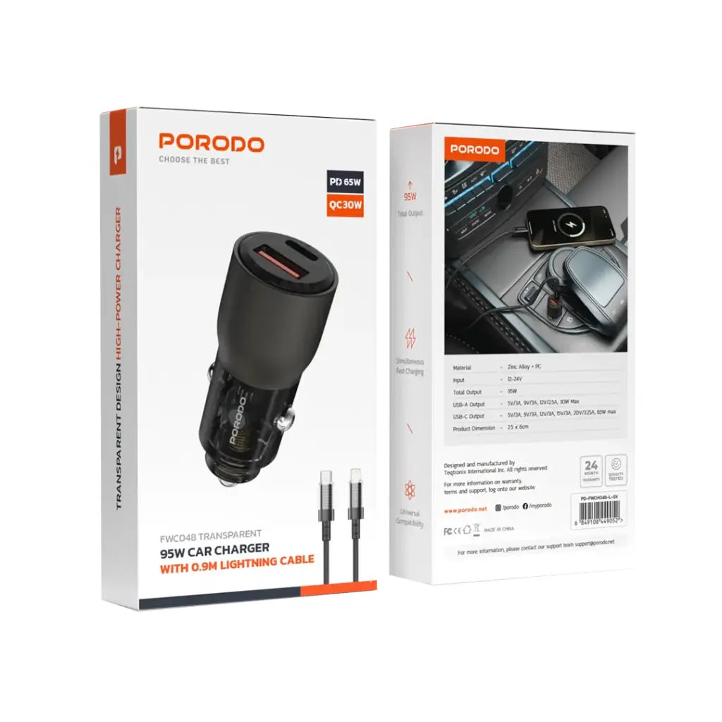 Porodo 96W Transparent USB-A+C Port Car Charger with C to L .9m Cable Grey - شاحن سيارة 96 واط مع كيبل تايب سي ايفون بطول 90 سم من بورودو رمادي