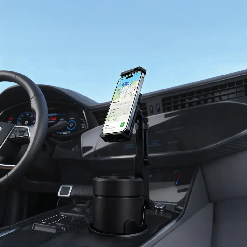 Porodo Blue Car Cup Phone Holder with Extended Length Black - ستاند سيارة مع حامل اكواب من بورودو لون اسود