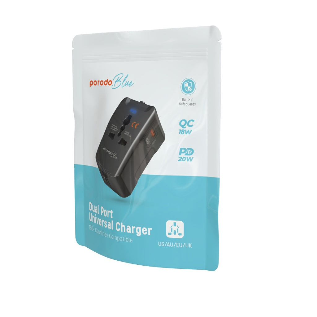 Porodo Blue PD20 Universal Travel Adapter - شاحن عالمي للسفر 20 واط من بورودو