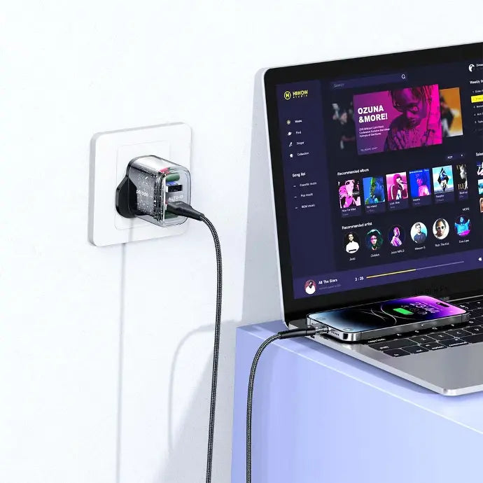 Porodo Dual Output Transparent Charger 2.4A UK with USB-A to Lightning Cable 1.2M - شاحن 12 واط مع كيبل لايتننغ من بورودو