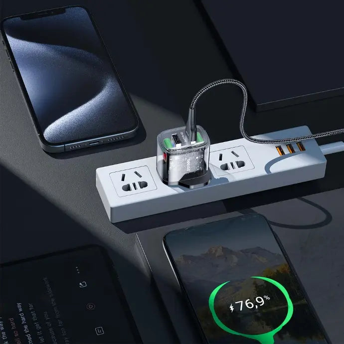 Porodo Dual Output Transparent Charger 2.4A UK with USB-A to Lightning Cable 1.2M - شاحن 12 واط مع كيبل لايتننغ من بورودو