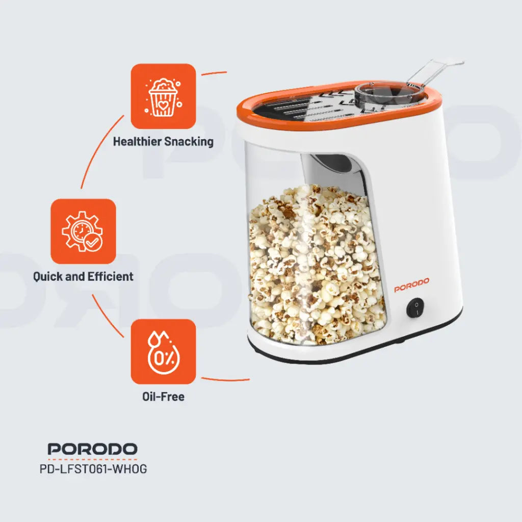Porodo Lifetsyle 1200W Detachable Tank Popcorn Maker White and Orange - ماكنة صنع الفشار 1200 واط مع خزان 60 غ قابل للفصل من بورودو ابيض وبرتقالي