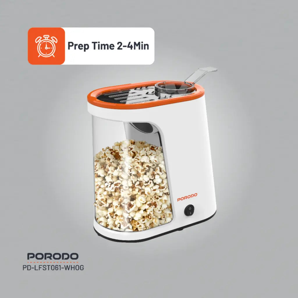 Porodo Lifetsyle 1200W Detachable Tank Popcorn Maker White and Orange - ماكنة صنع الفشار 1200 واط مع خزان 60 غ قابل للفصل من بورودو ابيض وبرتقالي