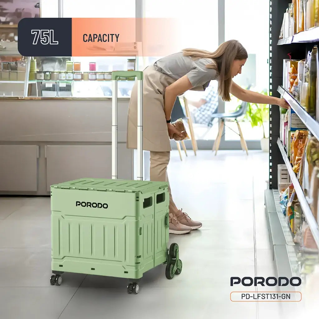 Porodo Lifestyle 75L Magnetic Slide Cover Foldable Camping Trolley Green - عربة تخييم قابلة للطي بسعة 75 لتر بنظام عجلات دوارة متعددة الاتجاهات من بورودو اخضر