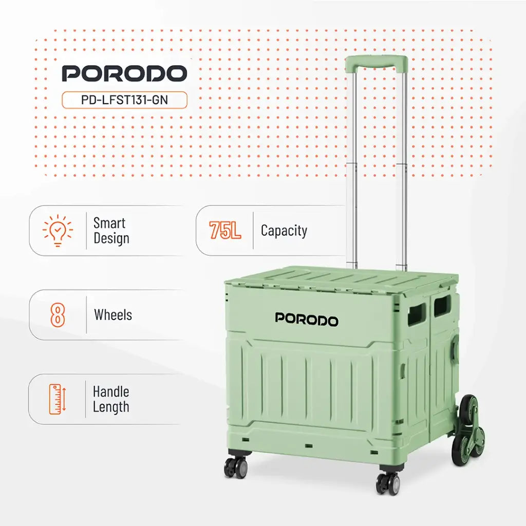 Porodo Lifestyle 75L Magnetic Slide Cover Foldable Camping Trolley Green - عربة تخييم قابلة للطي بسعة 75 لتر بنظام عجلات دوارة متعددة الاتجاهات من بورودو اخضر