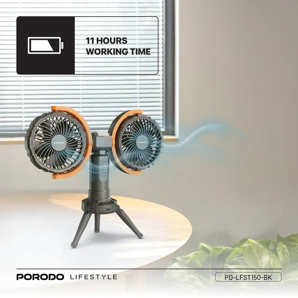 Porodo Lifestyle 18W 360 Multifunctional Adjustable Fan with Lights and Tripod - مروحة متعددة الوظائف قابلة للتعديل 360 درجة مع أضواء وحامل ثلاثي القوائم من بورودو