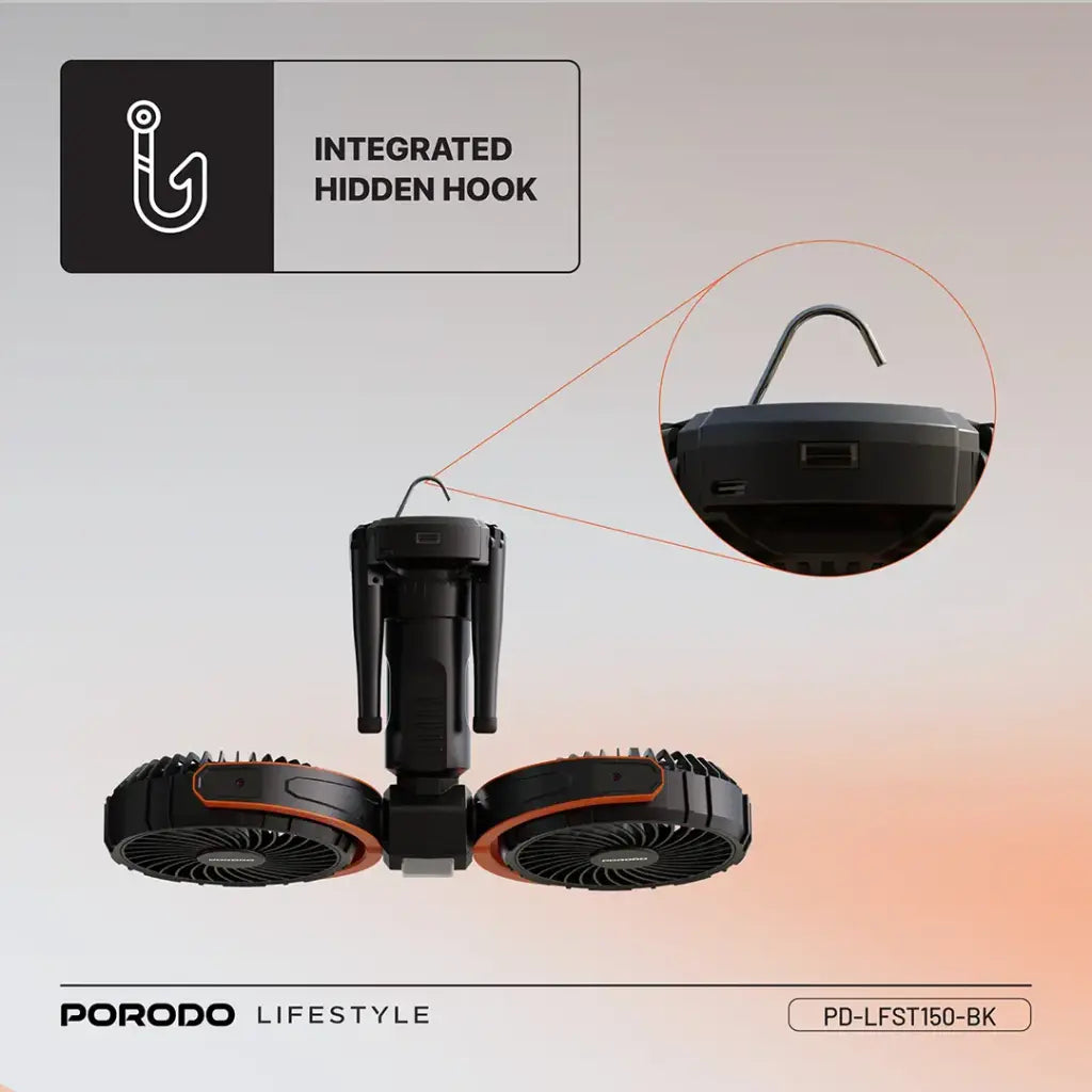 Porodo Lifestyle 18W 360 Multifunctional Adjustable Fan with Lights and Tripod - مروحة متعددة الوظائف قابلة للتعديل 360 درجة مع أضواء وحامل ثلاثي القوائم من بورودو