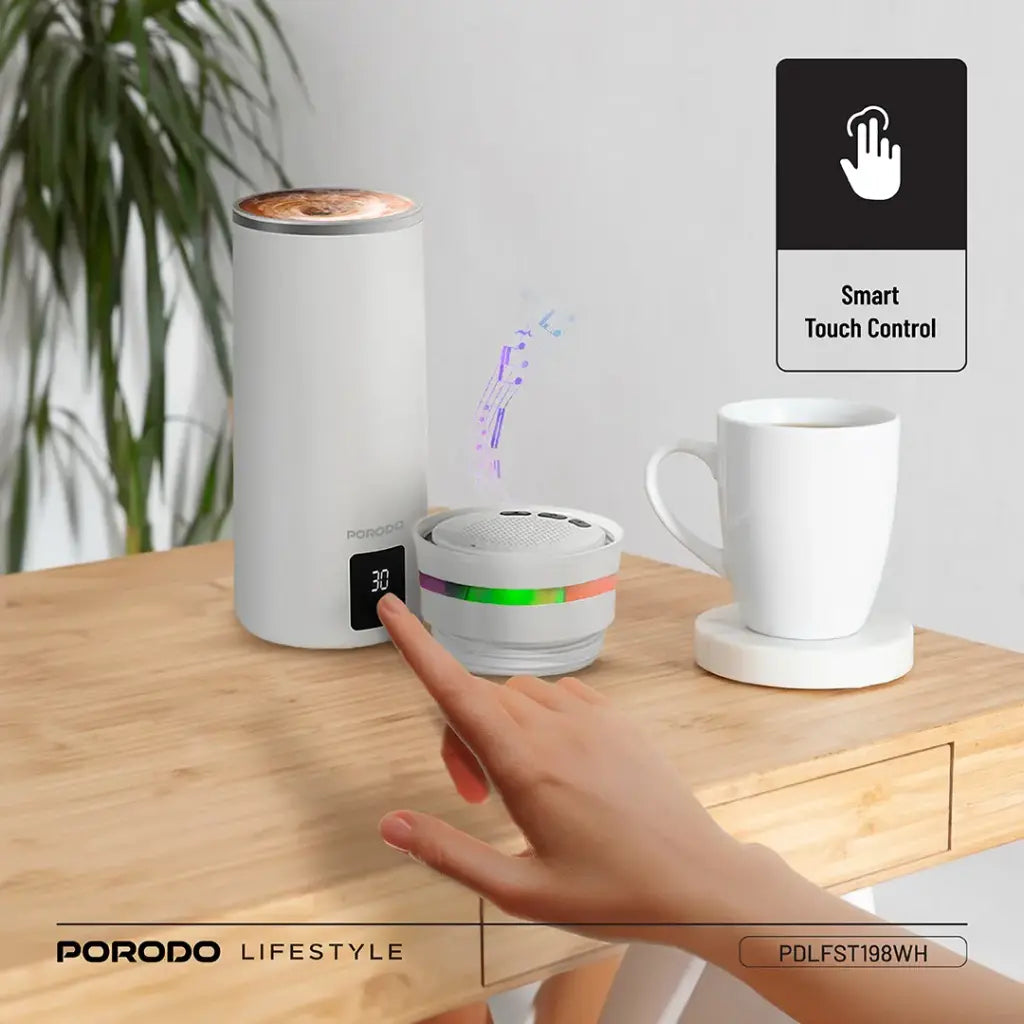 Porodo Lifestyle Fluxmix 350ML Stirring Cup With Speaker White - كوب تحريك فلوكس ميكس 350 مل مع مكبر صوت من بورودو ابيض