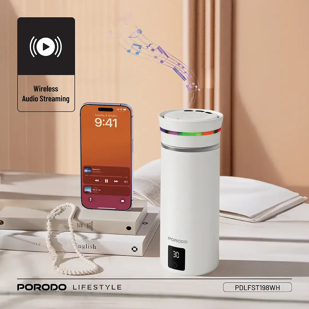 Porodo Lifestyle Fluxmix 350ML Stirring Cup With Speaker White - كوب تحريك فلوكس ميكس 350 مل مع مكبر صوت من بورودو ابيض