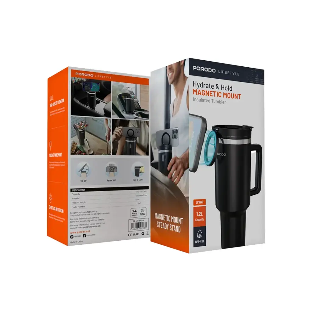 Porodo Lifestyle MagSafe Phone Holder 40oz Tumbler with Handle and Stainless Straw Black - كوب معزول مع ستاند هاتف ماك سيف بسعة 1200 مل من بورودو اسود