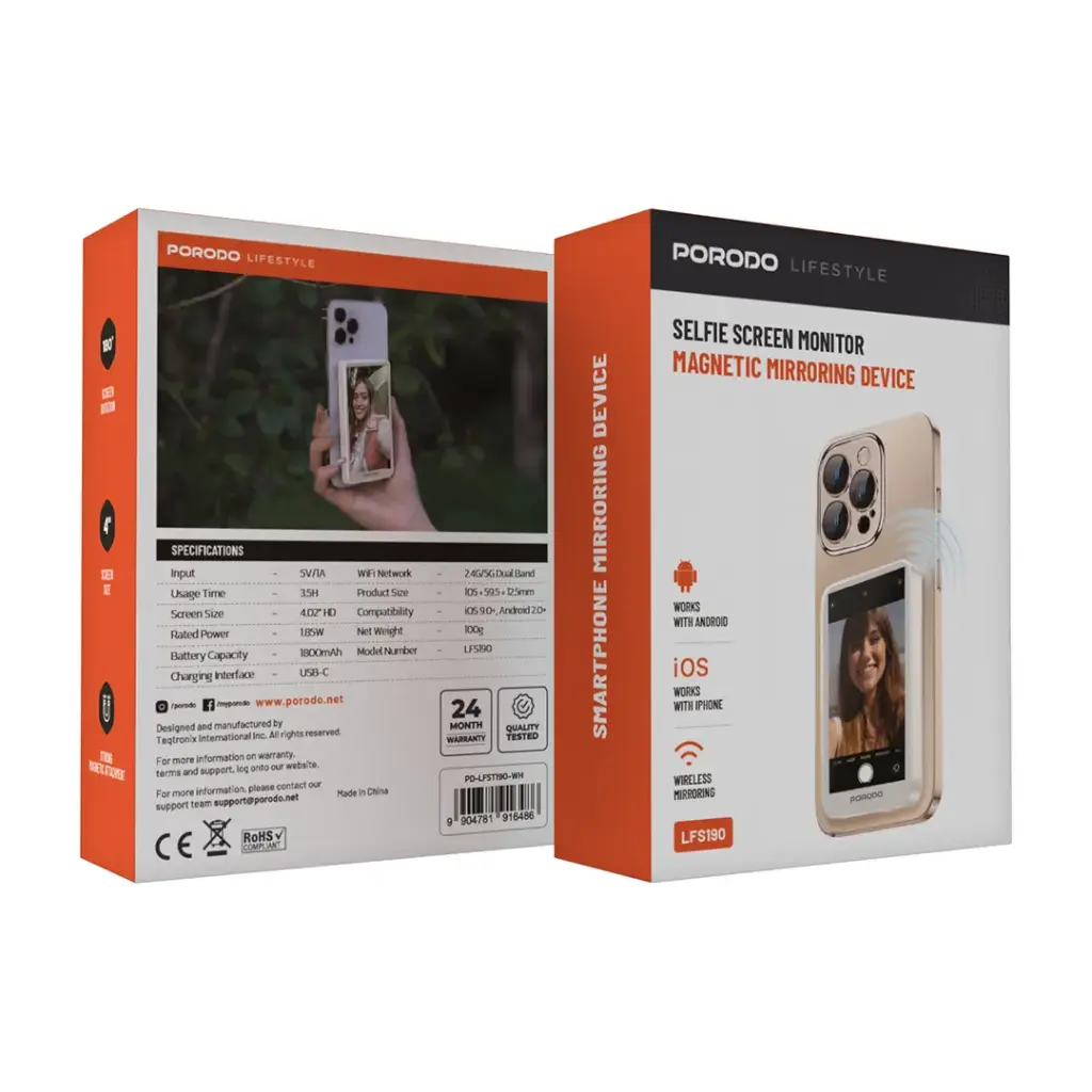 Porodo 1.85W Mobile Magnetic Wireless Screen Splitter White - موزع شاشة لاسلكي مغناطيسي للهواتف المحمولة من بورودو بقوة 1.85 واط أبيض