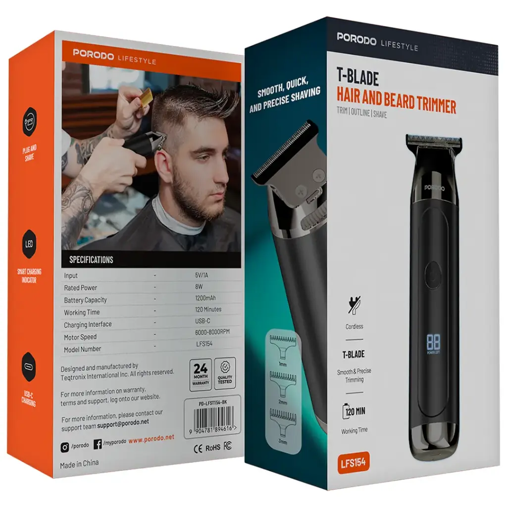 Porodo Lifestyle 8W Hair Trimmer with 3 Detachable Combs 1200mAh Black - ماكنة حلاقة 8 واط مع 3 امشاط قابلة للفصل 1200 ملي امبير من بورودو اسود