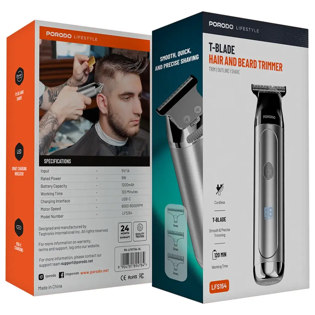 Porodo Lifestyle 8W Hair Trimmer with 3 Detachable Combs 1200mAh Silver - ماكنة حلاقة الشعر واللحية اللاسلكية من بورودو