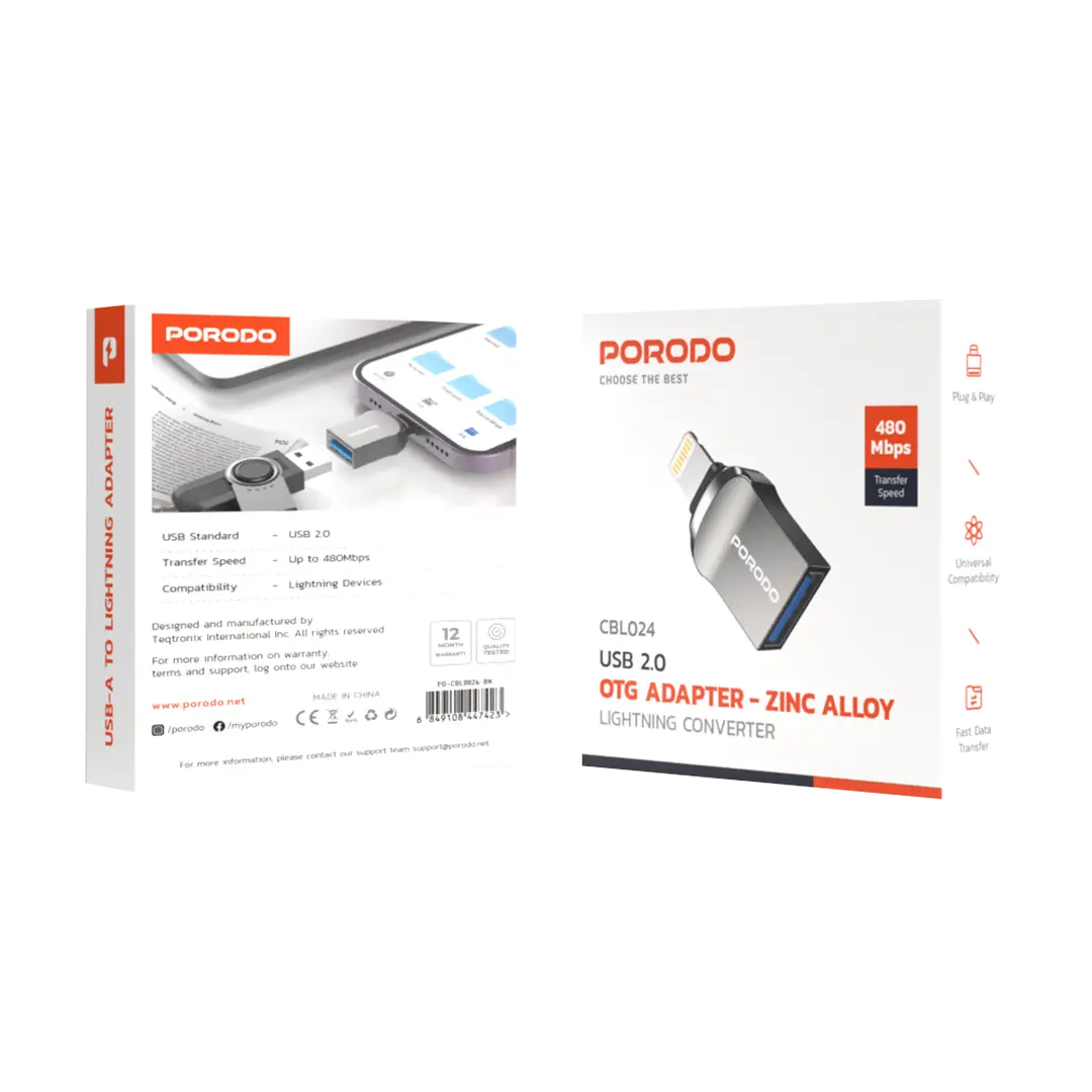 Porodo USB A to Lightning Adapter 0.12M Cable Black - توصالة يو اس بي ايفون من بورودو