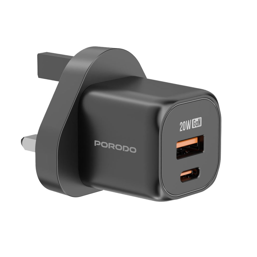 Porodo PD 20W USB QC3.0 UK Fast Charger with C to C Cable Black - شاحن 20 واط مع كيبل تايب سي تايب سي من بورودو
