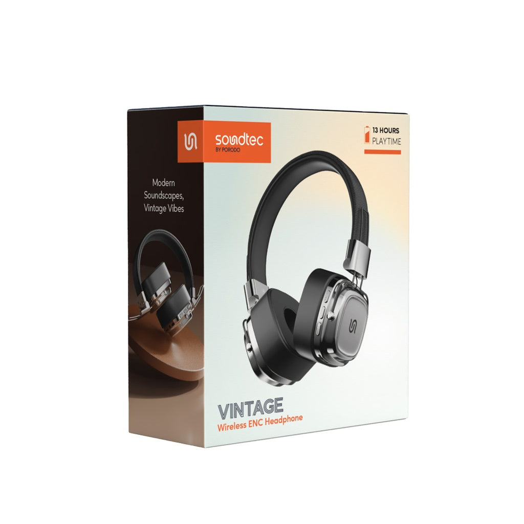 Porodo Soundtec Vintage Headphone Black/Silver - سماعات بلوتوث هيدسيت من بورودو اسود/سلفر