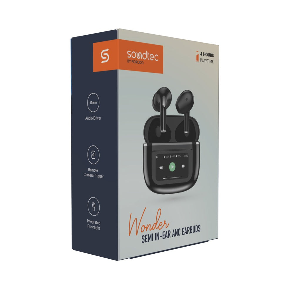 Porodo Soundtec Wonder TWS Earphone with Touch Screen Black - سماعات بلوتوث مع شاشة تعمل باللمس من بورودو اسود
