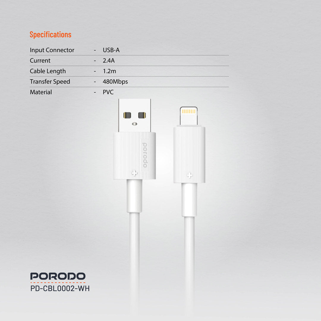 Porodo USB-A To Lightning PVC Cable 1.2m White - كيبل يو اس بي ايفون 1.2 متر من بورودو ابيض