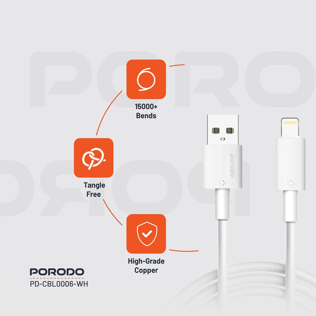Porodo USB A to Lightning PVC Cable 3m White - كيبل يو اس بي ايفون 3 متر من بورودو ابيض