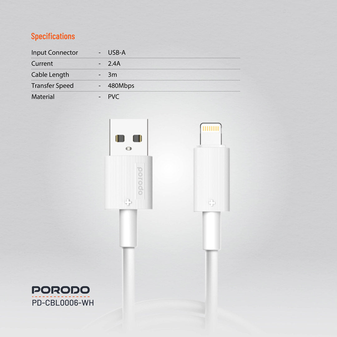 Porodo USB A to Lightning PVC Cable 3m White - كيبل يو اس بي ايفون 3 متر من بورودو ابيض