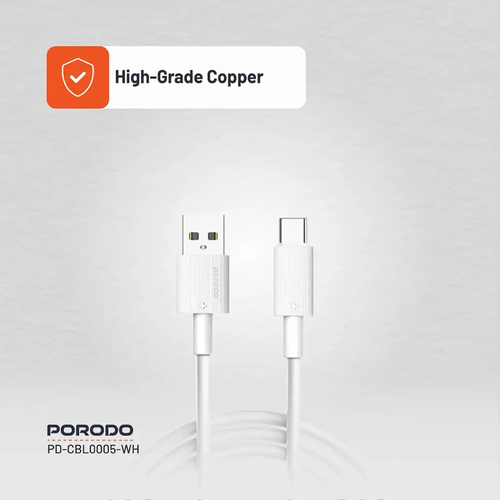 Porodo USB A to C PVC Cable 3m White - كيبل يو اس بي تايب سي 3 متر من بورودو ابيض