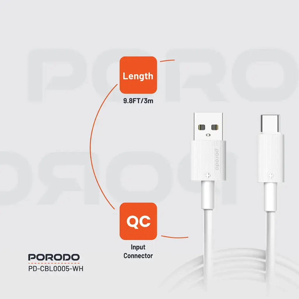 Porodo USB A to C PVC Cable 3m White - كيبل يو اس بي تايب سي 3 متر من بورودو ابيض