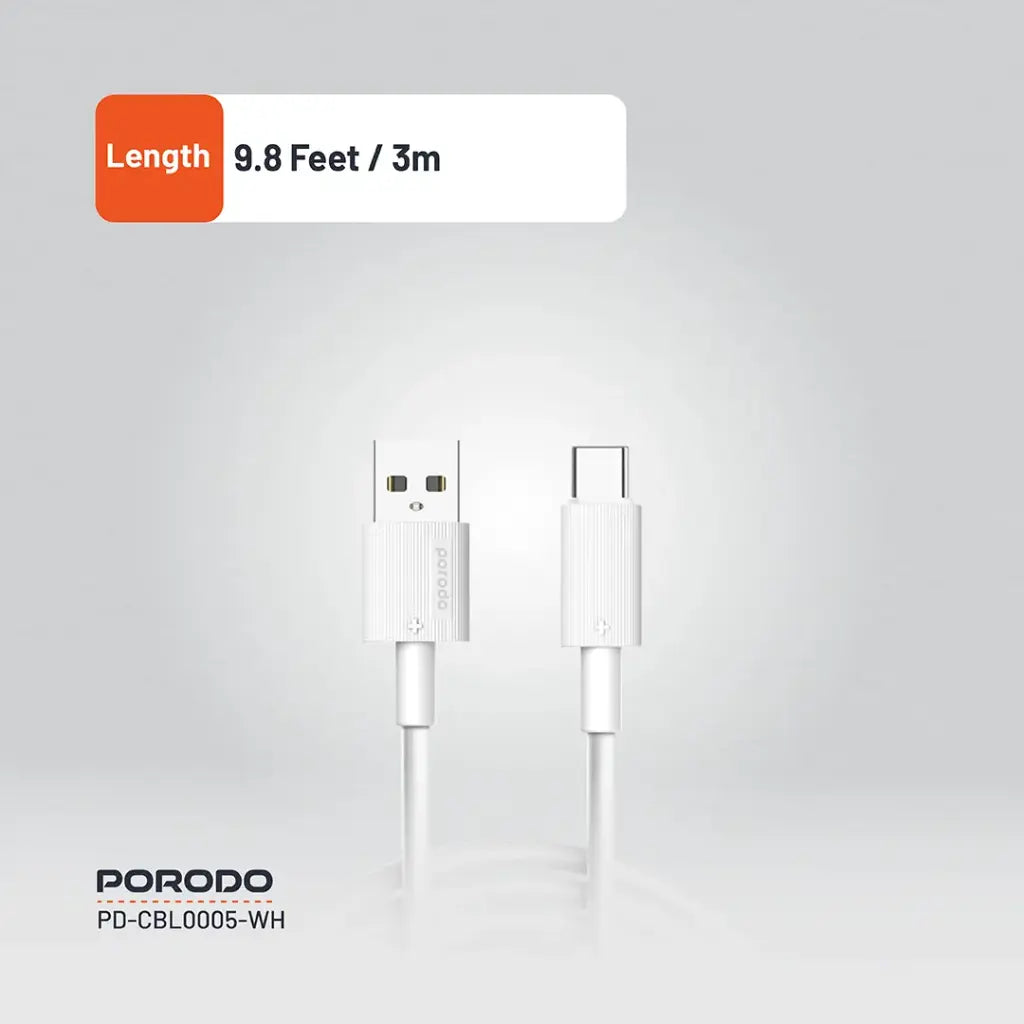 Porodo USB A to C PVC Cable 3m White - كيبل يو اس بي تايب سي 3 متر من بورودو ابيض