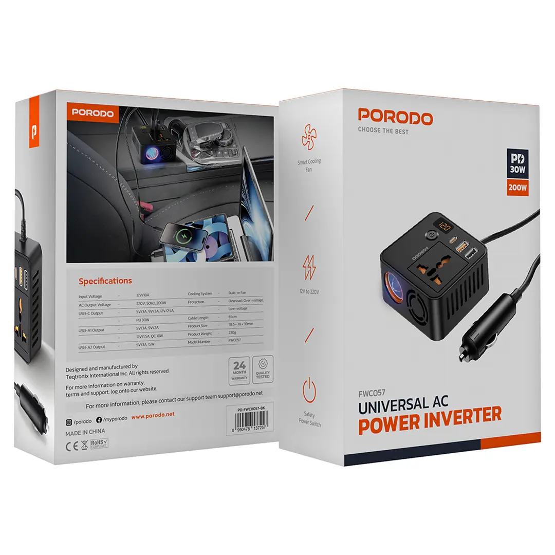 Porodo 200W QC3.0 PD+USB UK Car Power Inverter 13cm Cable Black - شاحن سيارة 200 واط مع مقبس للطاقة من بورودو اسود