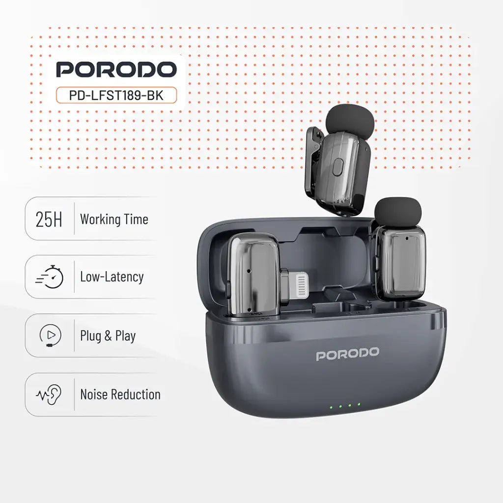 Porodo Microphone 60mAh Lightning port Black - نك مايك لاسلكي بمنفذ لايتننغ من بورودو اسود