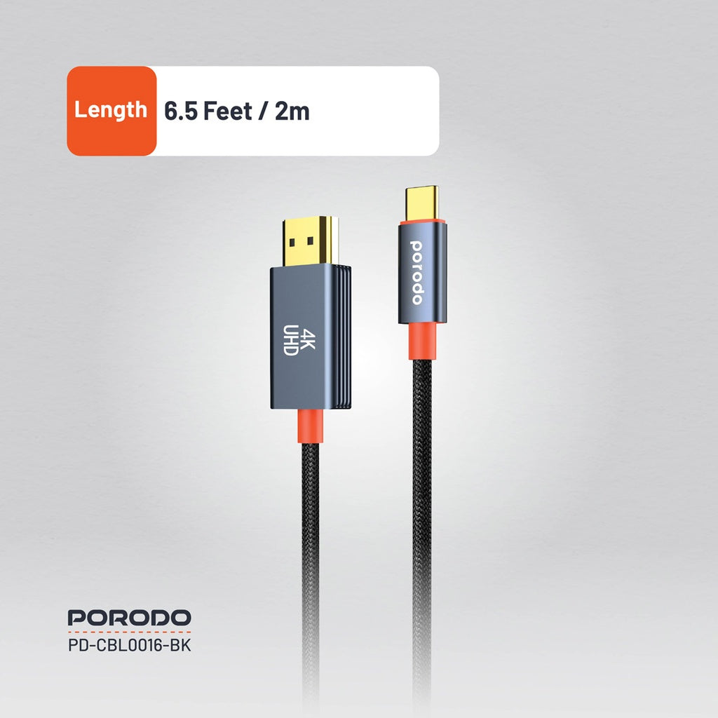 Porodo Alum Alloy Woven Cable Type-C to HDMI 2m Black - كيبل تايب سي اج دي ام اي 2 متر من بورودو اسود